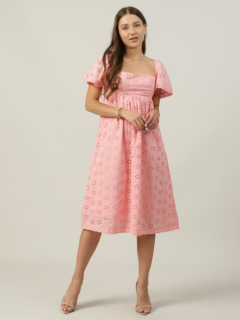 Khloé Pink Schiffli Flutter Sleeve Midi Dress