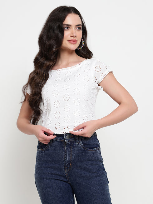 Hazel White Schiffli Ruched Back Crop Top