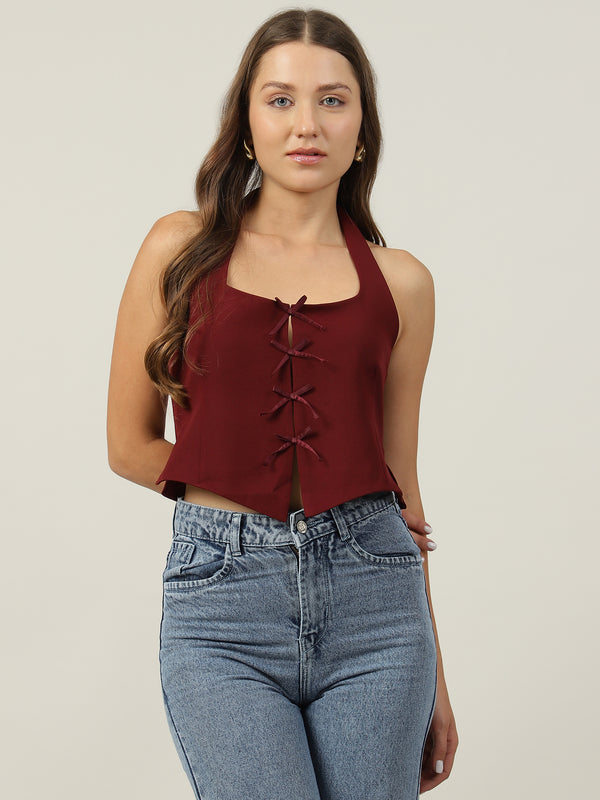 Sylvie Maroon Halter Neck Sleeveless Vest