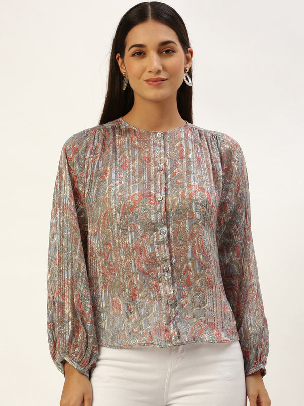 Grey Floral Button-Front Peasant Top