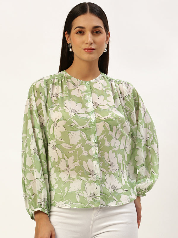 Mint Green Floral Button-Front Peasant Top