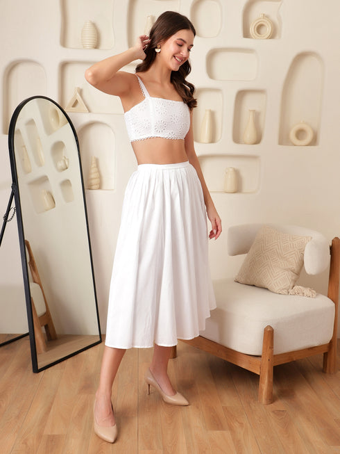 Valencia White Cotton Pleated MidI Skirt