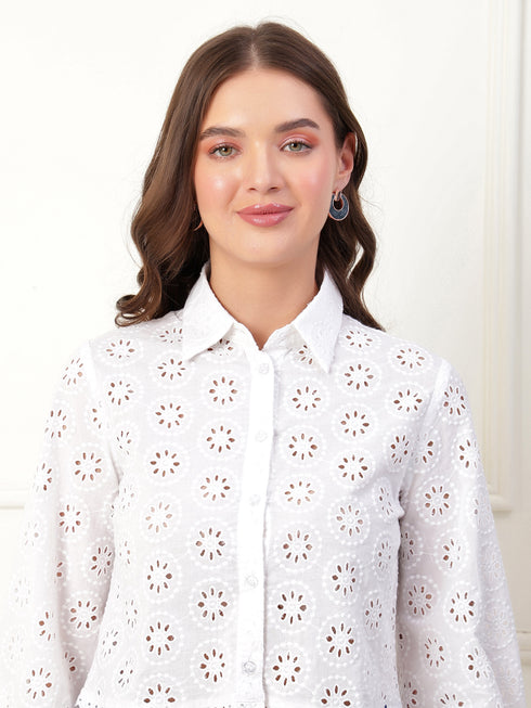 Blair White Schiffli Button Down Crop Shirt