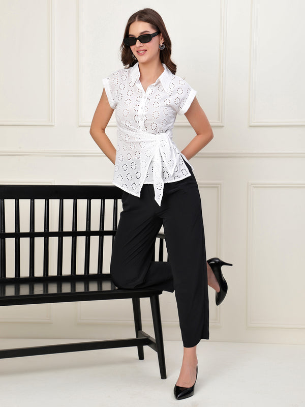 Gwen White Schiffli Tie Waist Shirt