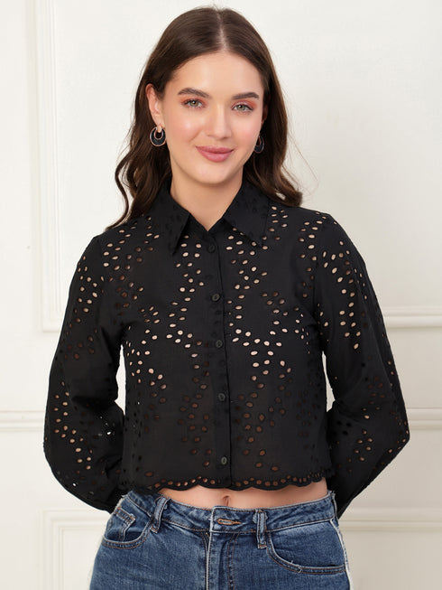 Blair Black Schiffli Button Down Crop Shirt