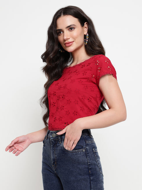 Hazel Berry Schiffli Ruched Back Crop Top