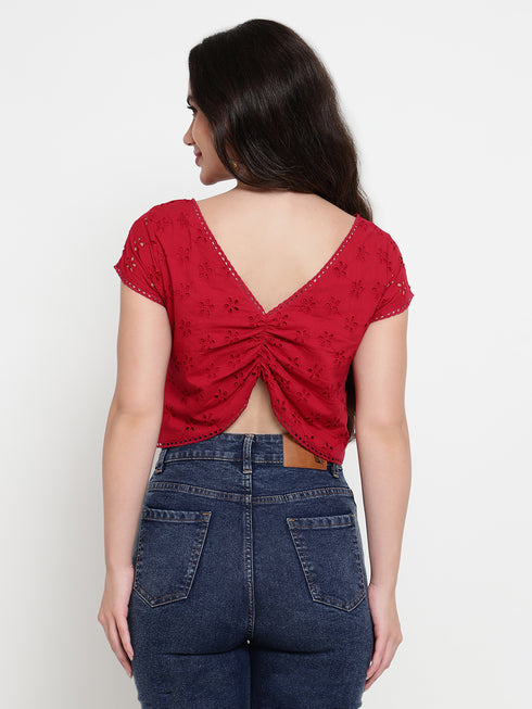 Hazel Berry Schiffli Ruched Back Crop Top