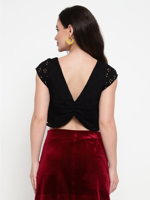 Hazel Black Schiffli Ruched Back Crop Top