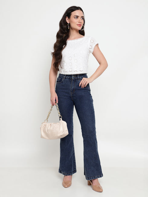 Hazel White Schiffli Ruched Back Crop Top