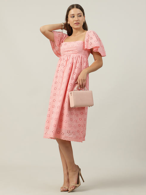 Khloé Pink Schiffli Flutter Sleeve Midi Dress