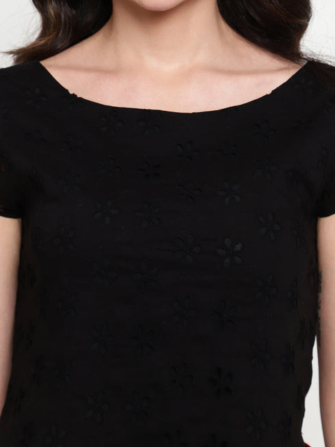 Hazel Black Schiffli Ruched Back Crop Top